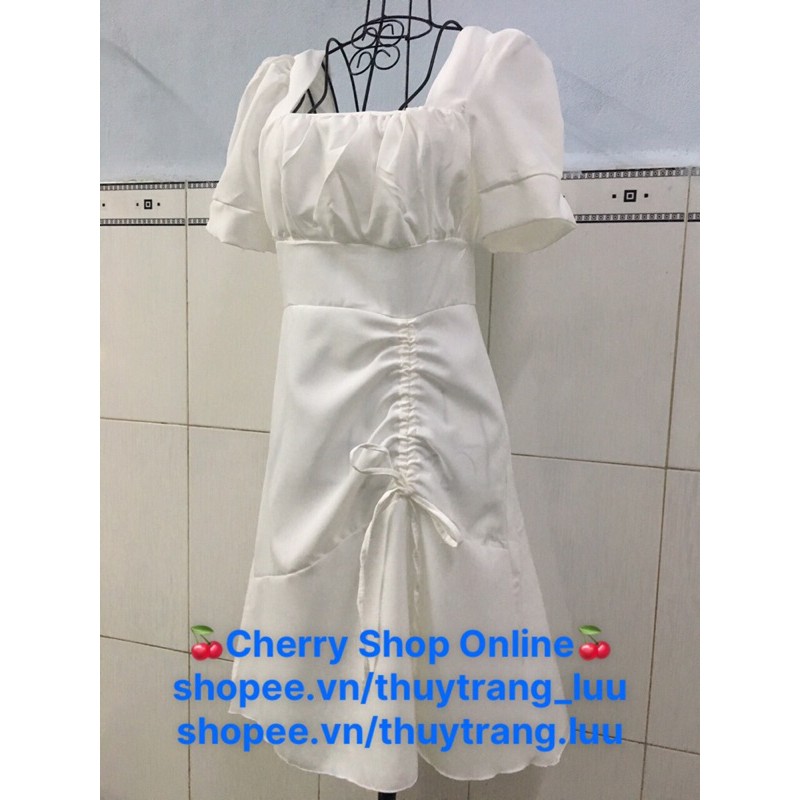 [Kèm ảnh thật]🍒Đầm trắng dự tiệc xoè nhẹ ngực nhún tà rút dây (Free/big size XL, 2XL) | BigBuy360 - bigbuy360.vn