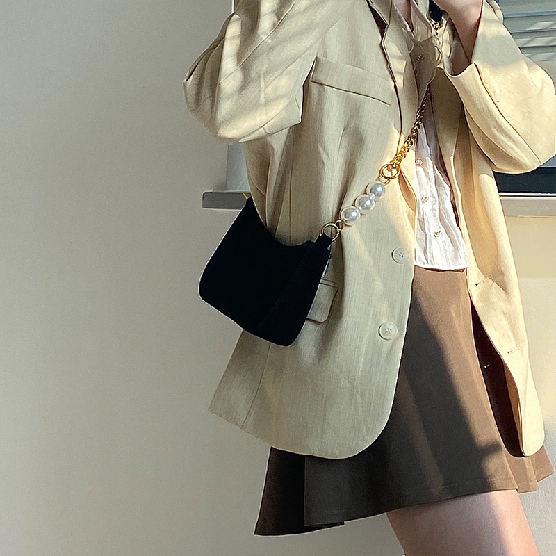 Túi Đeo Chéo Da Lộn Đính Ngọc Trai Phong Cách Hàn Quốc Cổ Điển Thời Trang Cho Nữ