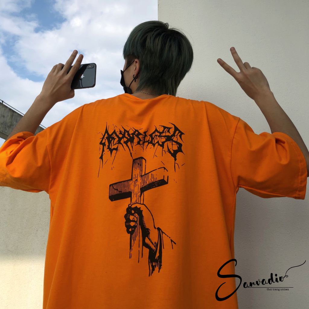 Áo thun SANVADIO unisex tay lỡ phông form rộng oversize 2 màu cam và đen cotton dáng xuông