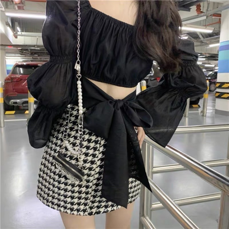 Áo kiểu tay dài cổ vuông loe cột nơ BO1