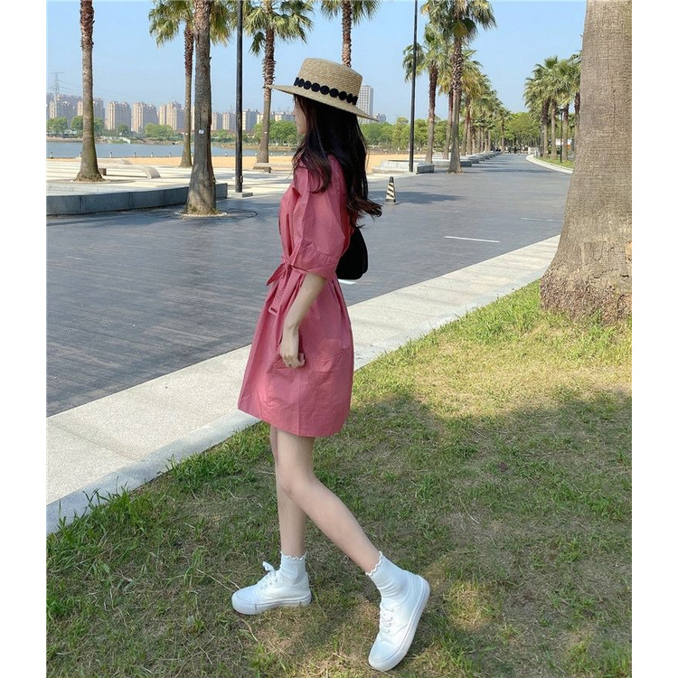 Đầm sơ mi màu trắng thời trang mùa hè phong cách Hàn Quốc dành cho nữ