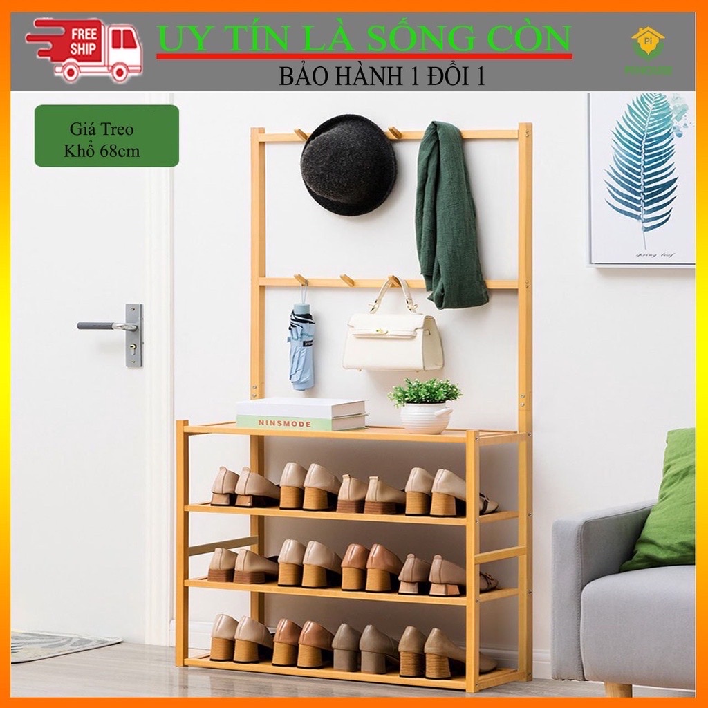 Kệ Giày Dép Kết Hợp Chỗ Treo Đồ Đa Năng Tiện Lợi ,Giá Kệ Chữ L 4 Tầng Gỗ Tre Phong Cách Hiện Đại
