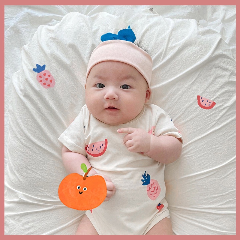 Bộ Áo Liền Quần Tay Ngắn Bằng Cotton In Họa Tiết Trái Cây Dễ Thương Kèm 1 Băng Đô Màu Hồng Phong Cách Hàn Quốc Thời Trang Mùa Hè Cho Bé 0-2 Tuổi
