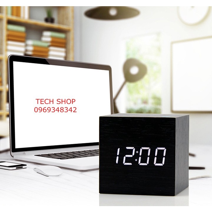 Đồng hồ led gỗ để bàn mini, báo thức, lịch ngày tháng, để phòng ngủ, decor phòng