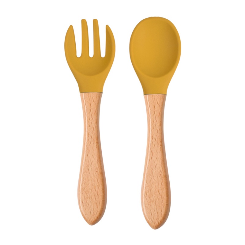 Bộ 2 Muỗng Nĩa Silicone Cấp Thực Phẩm Tay Cầm Gỗ Cho Bé Tập Ăn