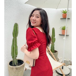 Đầm đỏ viền bèo nơ cổ (kèm hình thật)