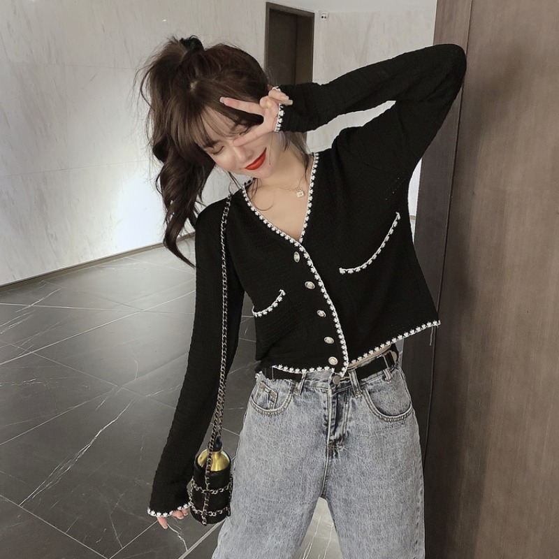 Áo cardigan nữ dệt kim tay ngắn / dài dáng rộng cổ chữ V thiết kế mới hợp thời trang