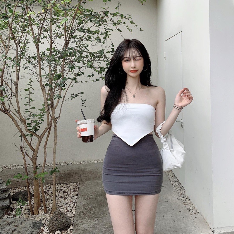 Set áo croptop+chân váy ôm body 2lớp Ulzzang