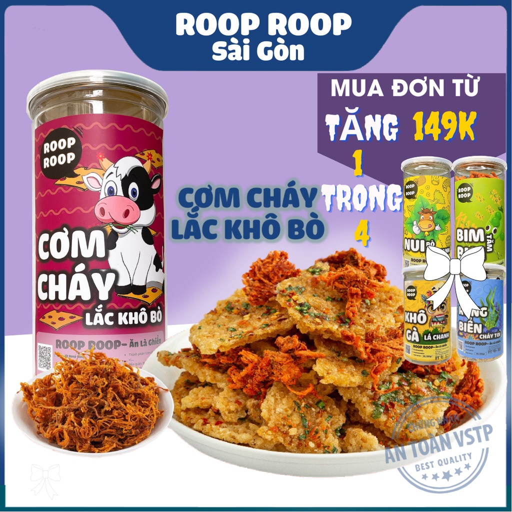 Cơm cháy lắc khô bò 300G ROOPROOP chiên mắm hành giòn thơm đồ ăn vặt viêt nam an toàn vệ sinh thực phẩm