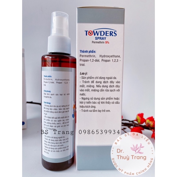 TOWDERS SPRAY 150ML. xịt ghẻ PERMETHRIN 5%. Towder spray LÀM SẠCH CÁC LOẠI KÝ SINH TRÙNG KHỎI DA