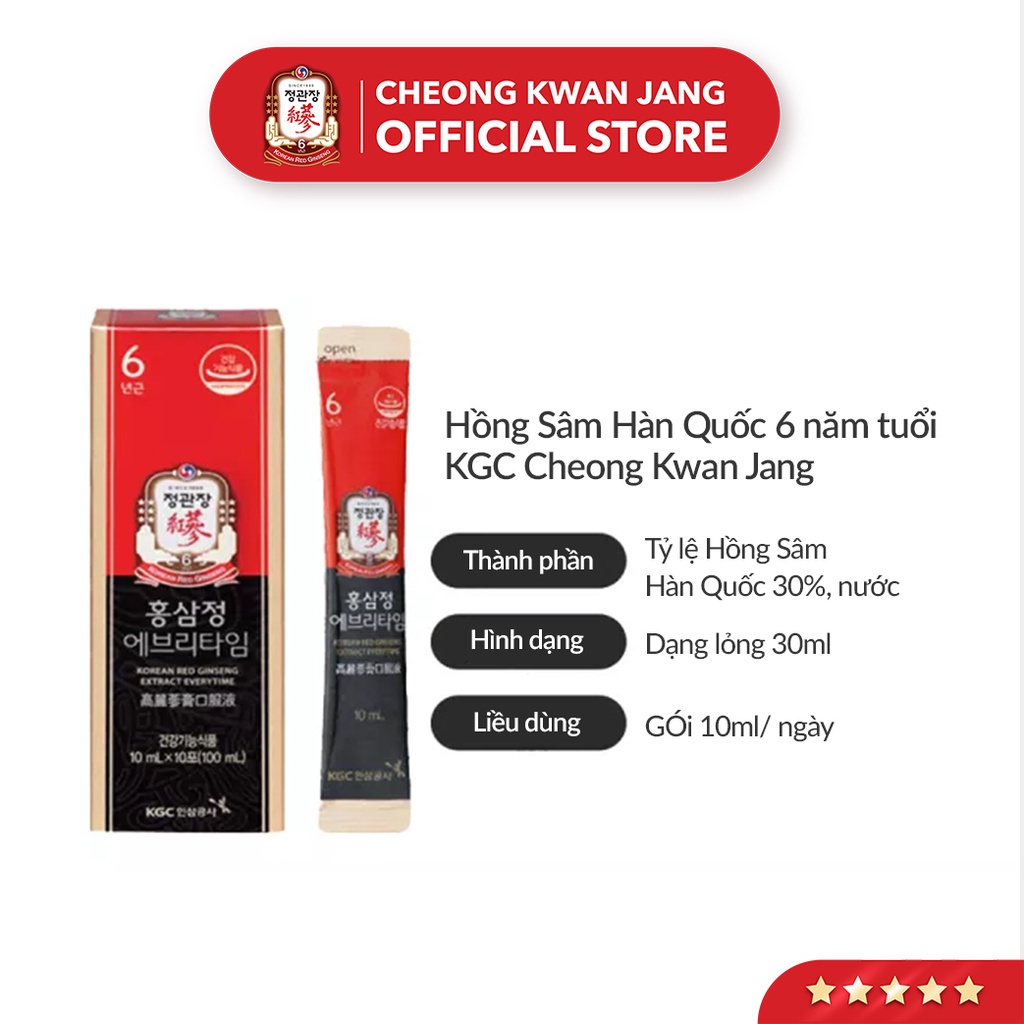 Hồng Sâm Hàn Quốc Tinh Chất Pha Sẵn KGC Cheong Kwan Jang EveryTime Original 10 ml x 10 gói