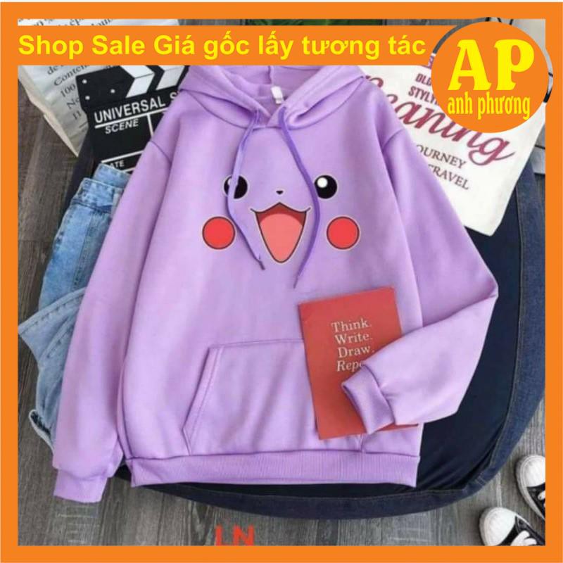 Áo hodie pika 2 má hồngChất liệu nỉ bôngform thụng nam nữ kiểu dáng unisexcó túi bụng và dây rút mũ