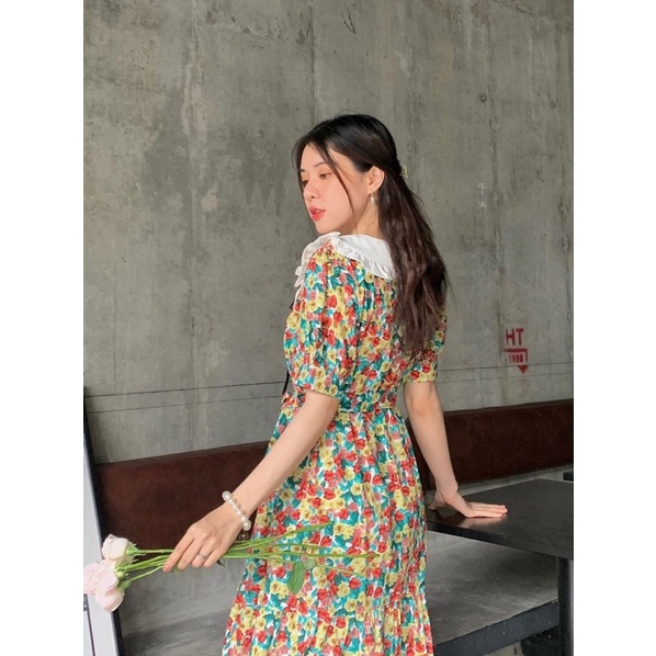 Đầm hoa công sở cổ tim trắng bầu mặc được Julie BT086