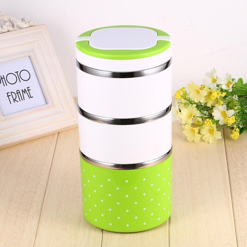 Cặp lồng chấm bi 3 tầng - Cặp Lồng Cơm 3 Tầng Giữ Nhiệt Chấm Bi Ruột Inox - Giao màu ngẫu nhiên