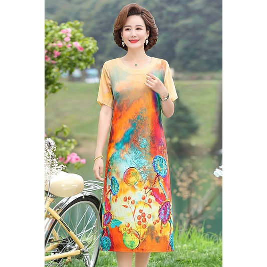 [Hàng Có Sẵn] Đầm Cotton Lanh Dáng Chữ A Tay Ngắn Cỡ Lớn Thời Trang Mùa Hè Cho Phụ Nữ Trung Niên 40-50 Tuổi