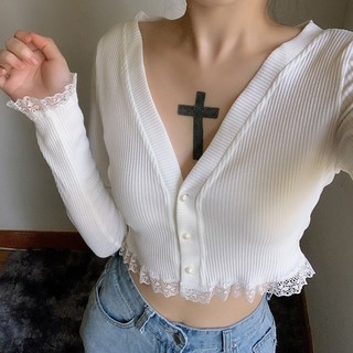 Áo croptop nữ dài tay cài cúc phối viền ren-3 màu