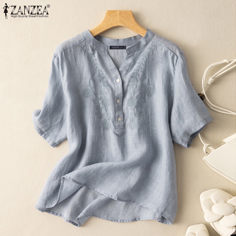 Áo ZANZEA tay ngắn cổ chữ v thêu hoa thời trang cho nữ