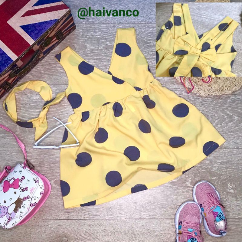 Váy đầm bé gái dưới 40 kg mềm mại thoáng mát dáng xòe hở lưng vải mango cao cấp mùa hè Haivanco màu vàng chấm bi bé gái