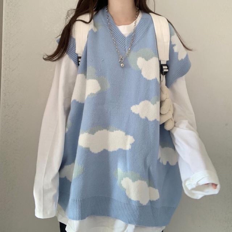 Set áo gile hoạ tiết đám mây cute dành cho nữ