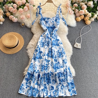 Đầm hai dây dáng suông hoa xanh có size
