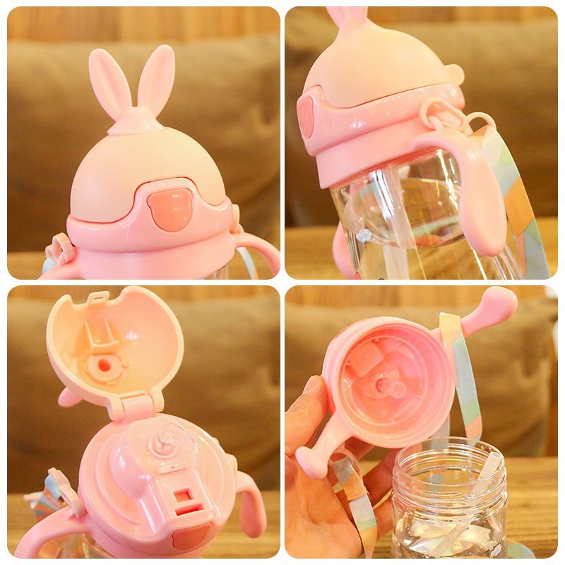 Bình tập uống nước cho bé có dây đeo, ống hút 280ml hình thỏ bằng