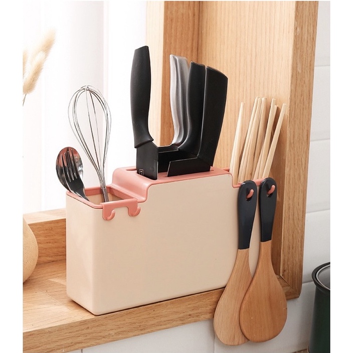 Kệ đựng muỗng đũa dán tường nhà bếp thông minh mẫu mới siêu xịn có ngăn vắt dao, thanh treo khăn, kèm móc treo phụ kiện