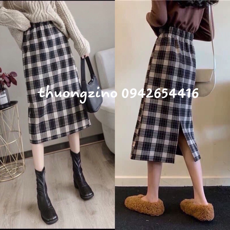 Chân váy dài chất dạ Quảng Châu Chân váy kẻ caro dáng suông vintage phong cách Hàn Quốc | BigBuy360 - bigbuy360.vn