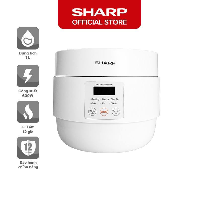 [Mã ELBAU10 giảm 10% đơn 500K]Nồi Cơm Điện Sharp KS-COM100DV-WH 1L 600W [Hẹn giờ, mâm nhiệt 3D, 6 chức năng nấu]