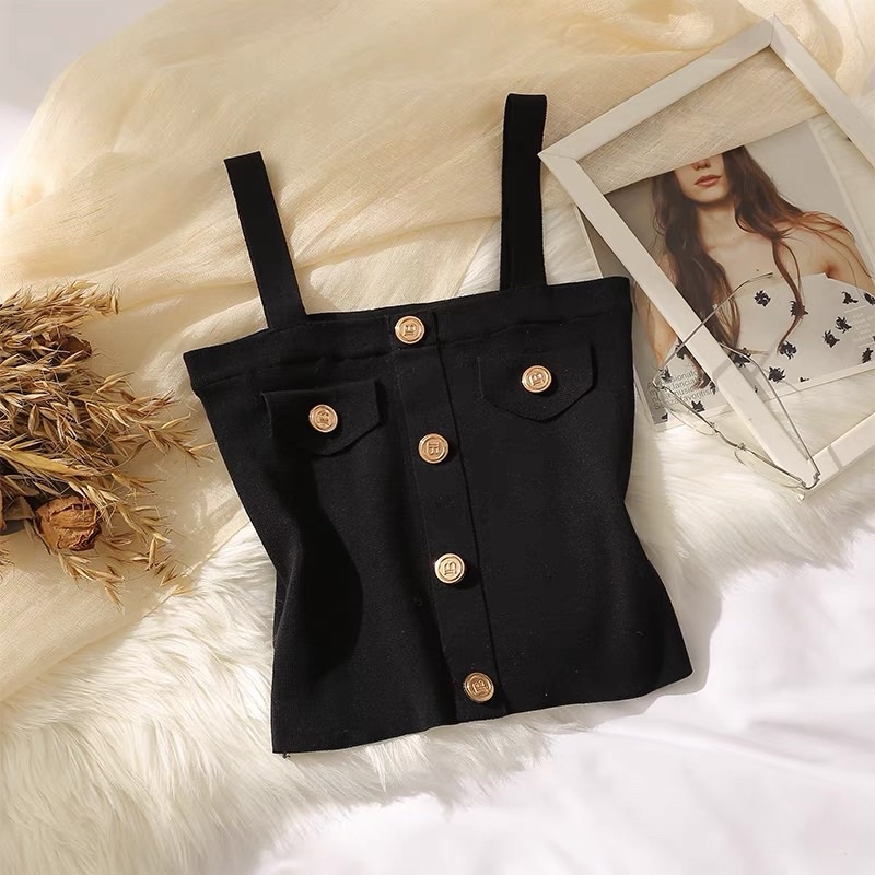 Áo hai dây dệt kim cúc vàng