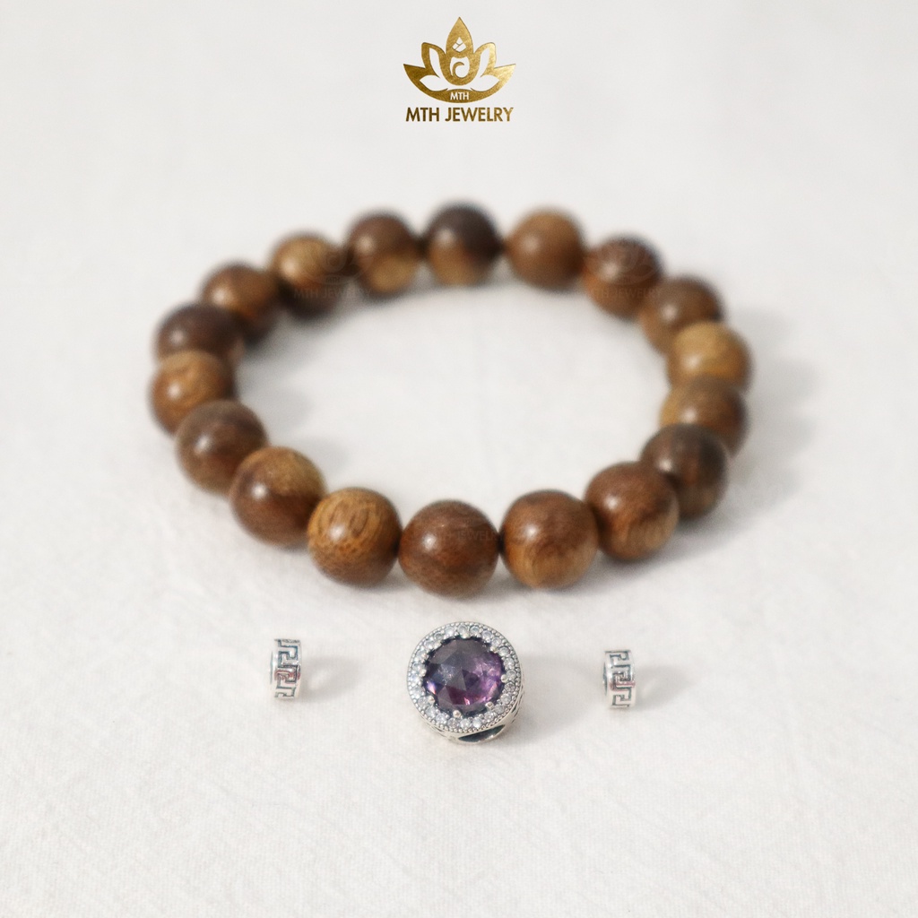Vòng Tay Trầm Hương Tự Nhiên Tròn Đơn Tốc Việt Size 8/10/12/14mm - Charm (Tím Nhạt) Bạc S925 - MTH JEWELRY