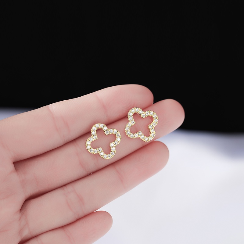 Khuyên tai JIUDUOLAN dạng kẹp/ xỏ kiểu cỏ bốn lá rỗng đính đá nhân tạo toàn diện thời trang Hàn Quốc thanh lịch cho nữ