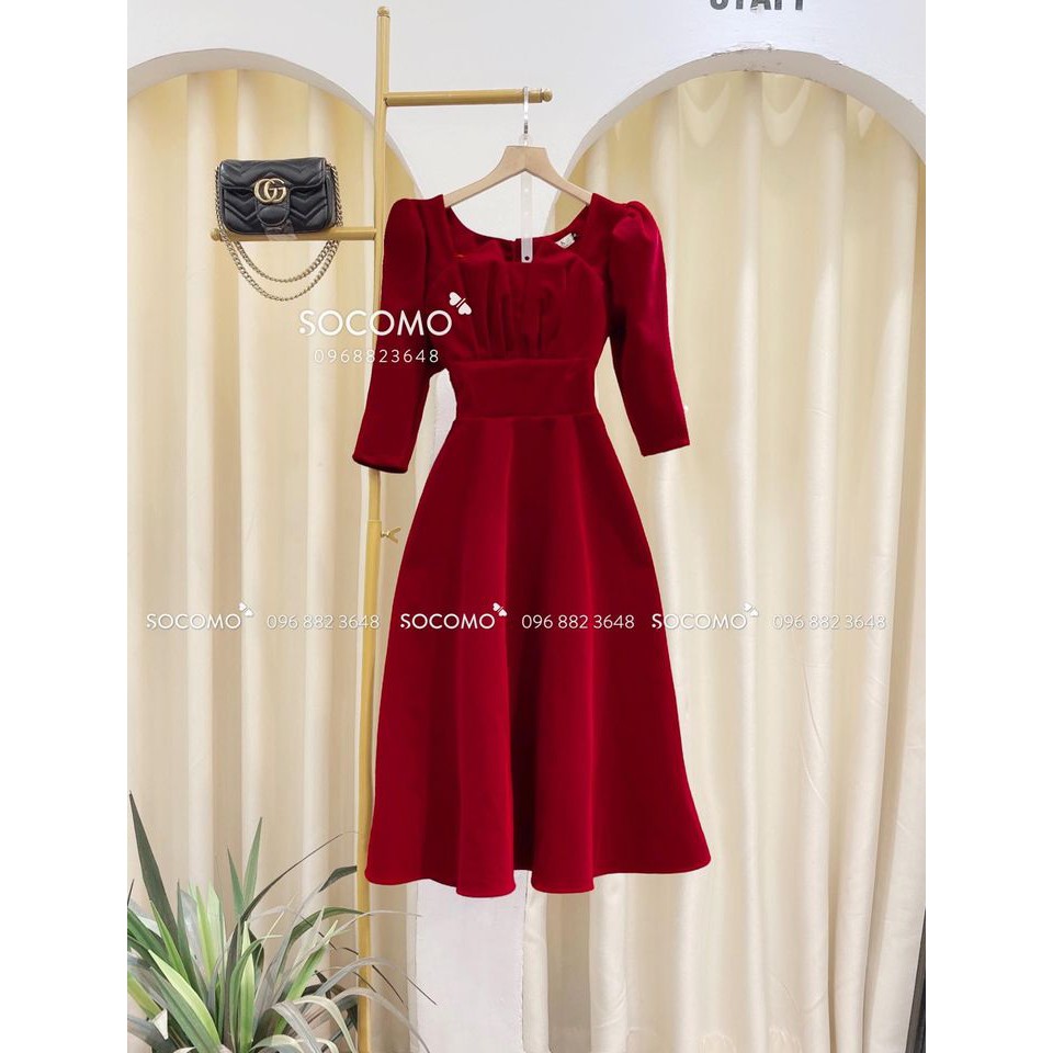Váy nhung tiểu thư cổ xếp ly nữ Socomo - Hàng Loại 1, Chất Đẹp - Giá tốt - 100% ảnh Socomo Tự Chụp