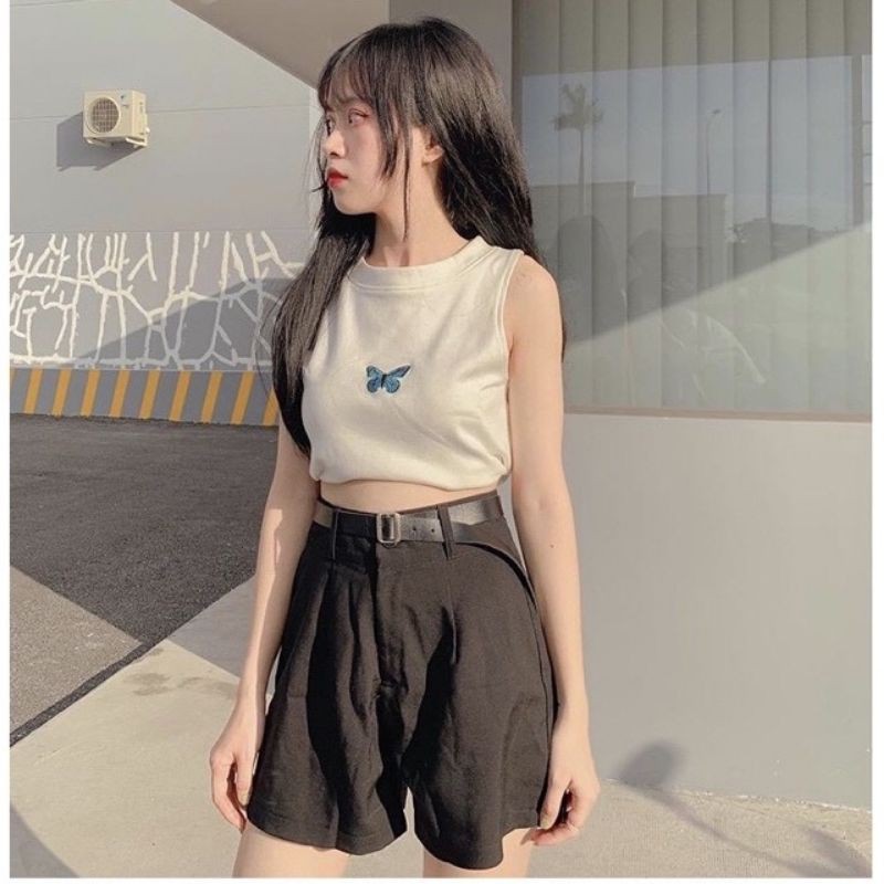 Áo trắng croptop sát nách 3 lỗ thêu hình bướm SẴN