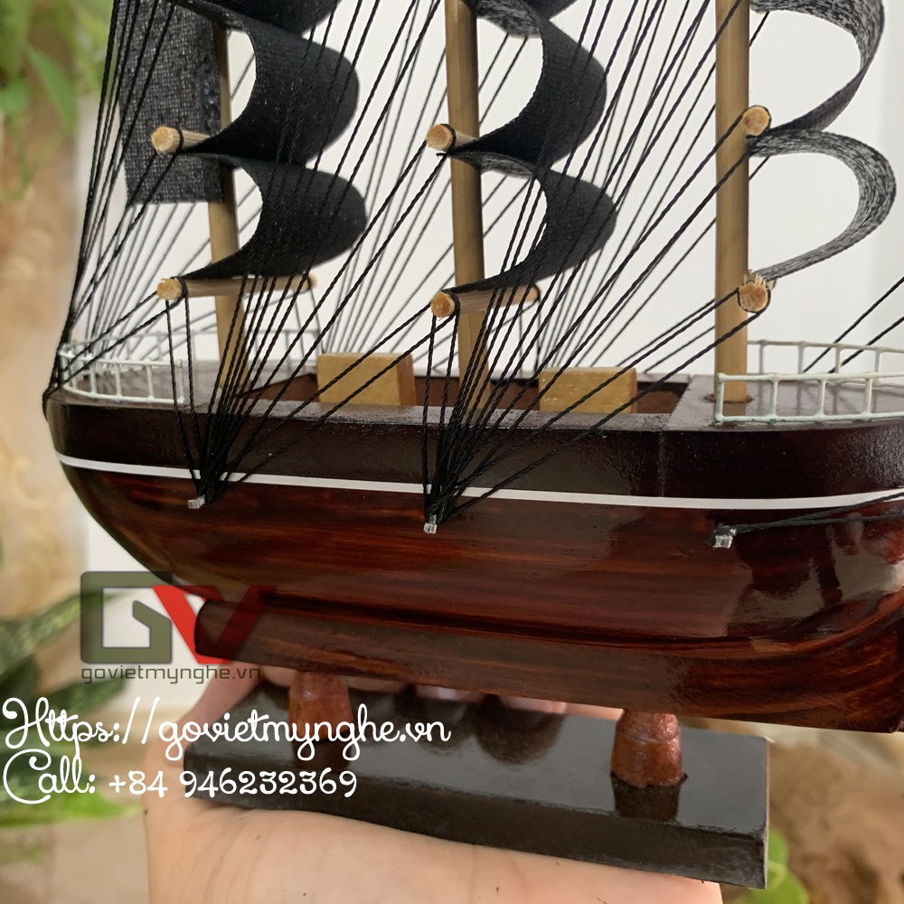 Mô hình thuyền gỗ trang trí kệ sách bàn làm việc tàu Le Belem Pháp - Dài 20cm - Buồm vải đen