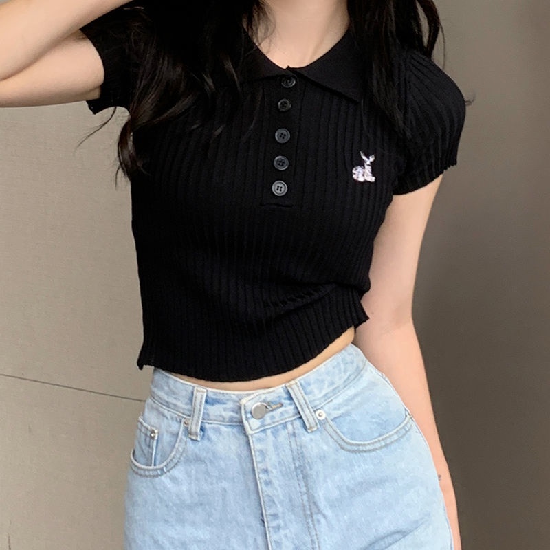 Áo Thun Tay Ngắn Dáng Ôm Thêu Họa Tiết Dễ Thương Phong Cách Hồng Kông
