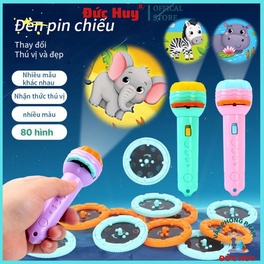 Đèn pin chiếu hình động vật ngộ nghĩnh cho bé, Đèn chiếu 80 hình ảnh cho bé khám phá phát triển trí tuệ - ĐỨC HUY STORE