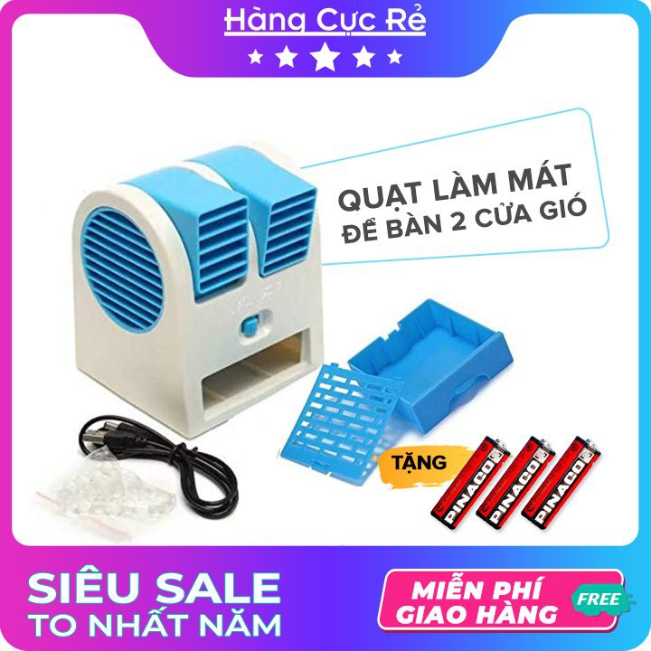 [Kèm Pin] Quạt mini 2 cửa gió làm mát siêu tốc ❣️Freeship❣️ Quạt để bàn có khay đá mát lạnh - Shop Hàng Cực Rẻ