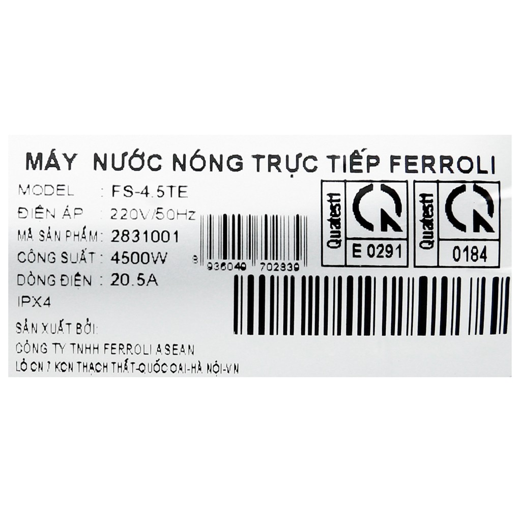 Bình nóng lạnh trực tiếp Ferroli FS-4.5TE, công suất 4500W - Bảo hành chính hãng 5 năm