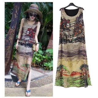 Đầm chiffon không tay dáng suông in hình phong cảnh thời trang cho nữ