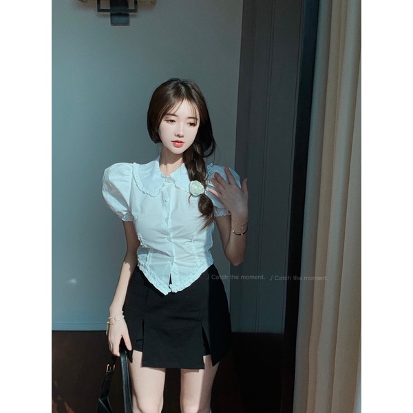 Váy quần màu đen dáng chữ A ôm xẻ tà cạp cao chất dày dặn màu đen