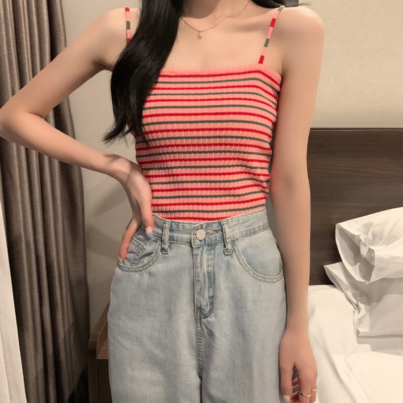 Brroa Áo Hai Dây Dệt Kim Ôm Dáng Họa Tiết Kẻ Sọc Màu Tương Phản Phong Cách Hàn Quốc Cho Nữ
