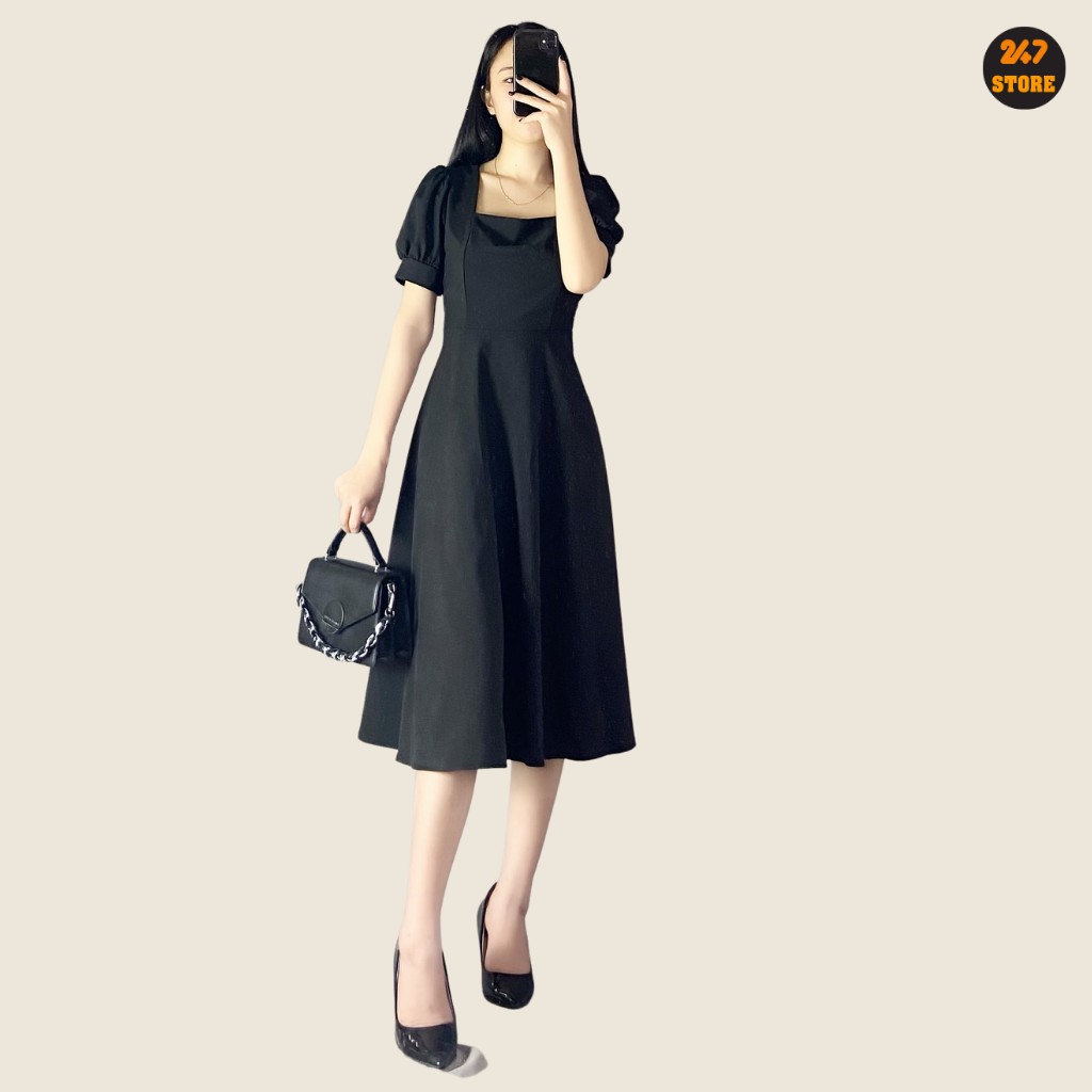 Váy Cổ Vuông Dáng Xòe Tay Bồng Cộc Tay 2 màu cực xinh 247store | BigBuy360 - bigbuy360.vn