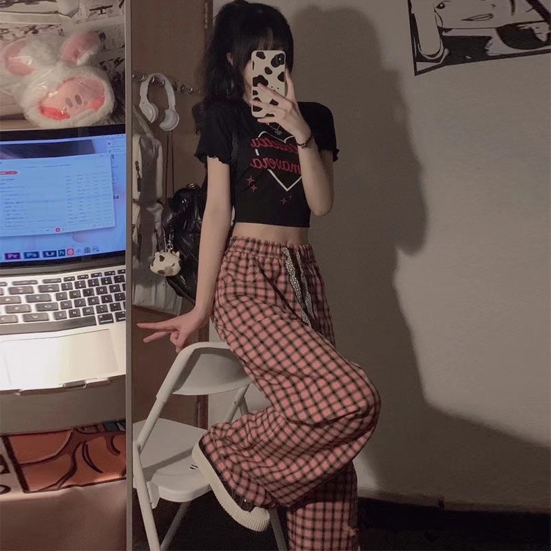 Bộ Áo Ngắn Tay + Quần Dài Ống Rộng Lưng Cao Kẻ Caro Đen Hồng Thời Trang Mùa Hè Cho Nữ
