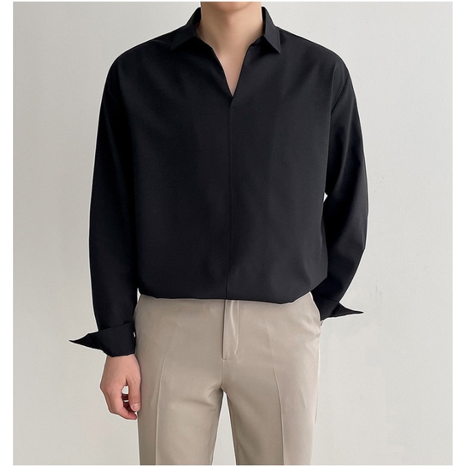 Áo sơ mi nam form rộng giấu cúc cổ V kiểu Hàn Quốc dài tay unisex, Áo sơ mi trắng vải lụa chống nhăn VINTINO SMV