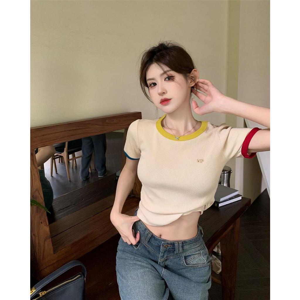 Áo Thun Dệt Kim Cổ Tròn Ngắn Tay Dáng Ôm Màu Sắc Tương Phản Thời Trang 6305