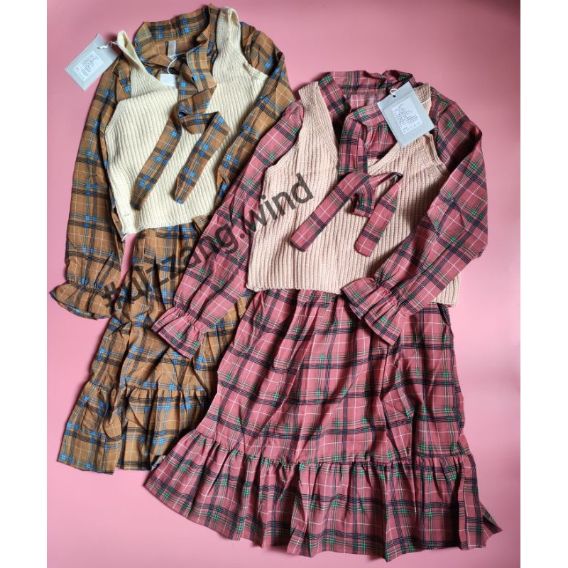 Set đầm nơ kẻ dài tay ulzzang - u.w