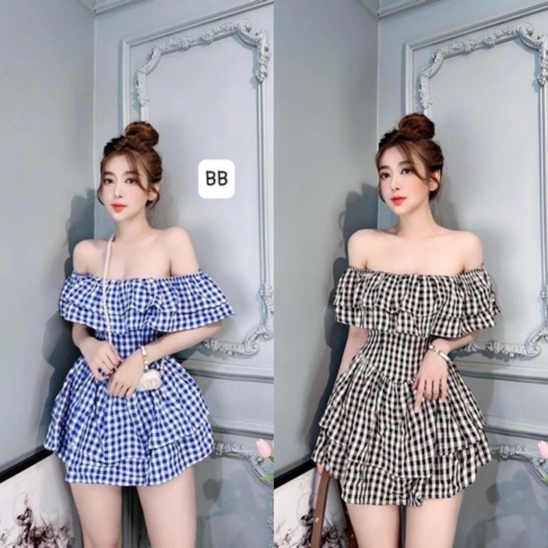Đầm trễ vai bèo tầng sọc xanh siêu xinh hot trend 2022 hang loại 1(kèm ảnh thật)