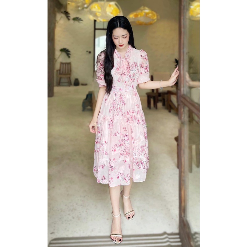 Váy hoa thiết kế tay lửng dáng xòe nơ cổ 139