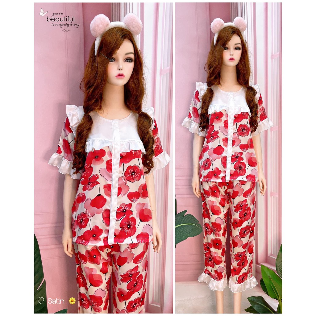 Bộ ngủ lụa nữ pijama tay ngắn quần dài  đồ bộ mặc nhà pizama, pyjama chất satin cao cấp  - TNQD01 LANA QUEEN