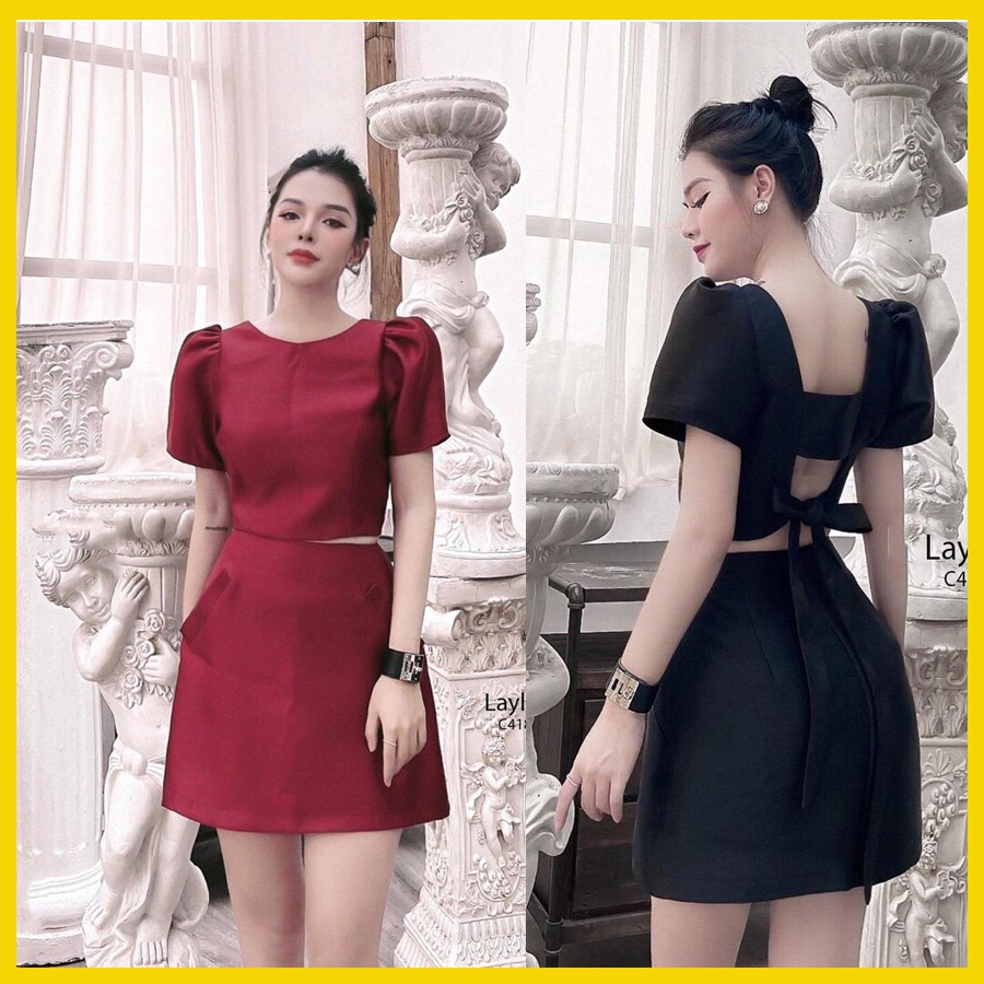 Sét đi tiệc áo tay phồng cột nơ sau + chân váy có lót quần xinh ngất ngây hàng cao cấp giá rẻ S002))VDVDVDVD